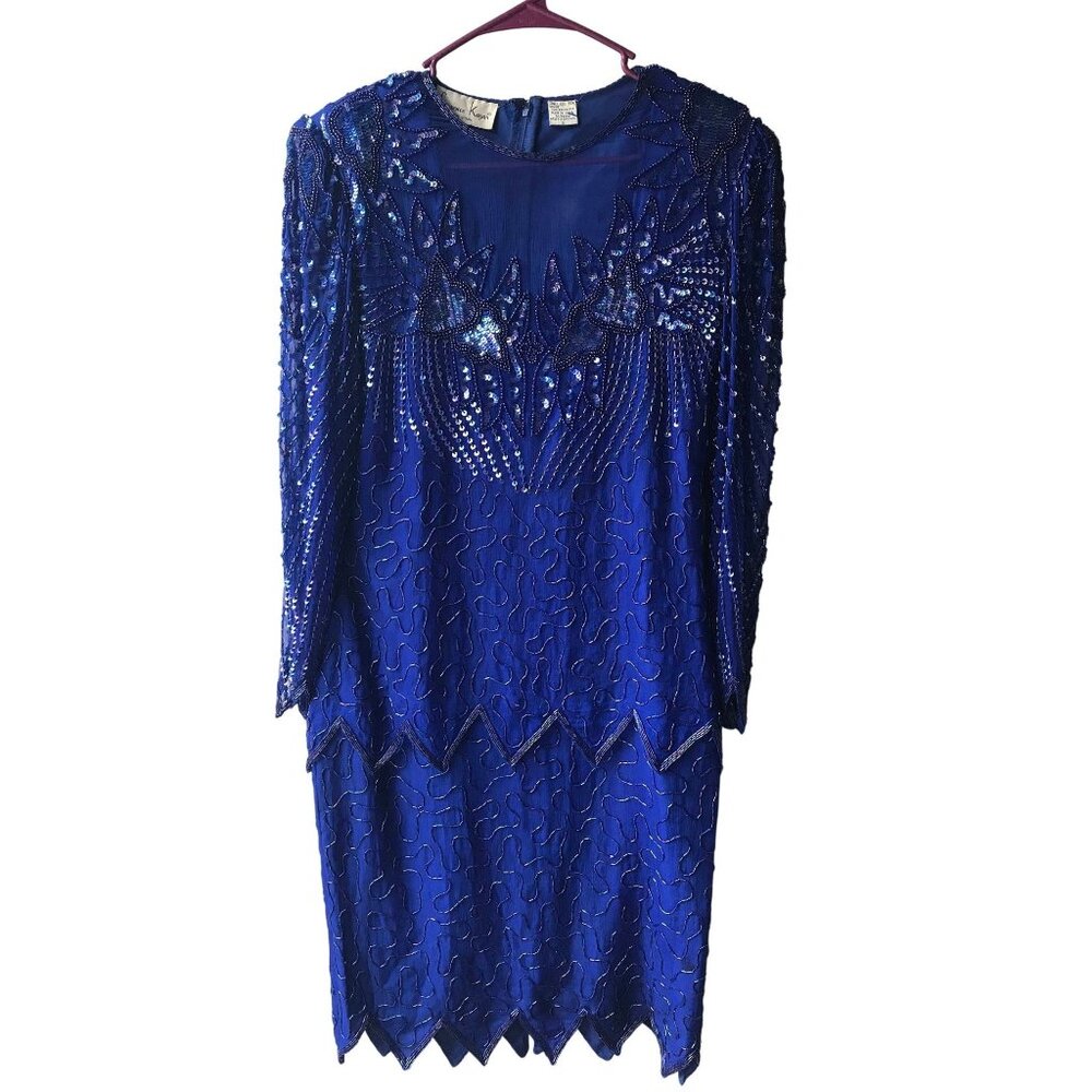 Vintage 80s Sequin Cocktail Dress Royal Blue Beaded Glam Party Gown S M Art Deco